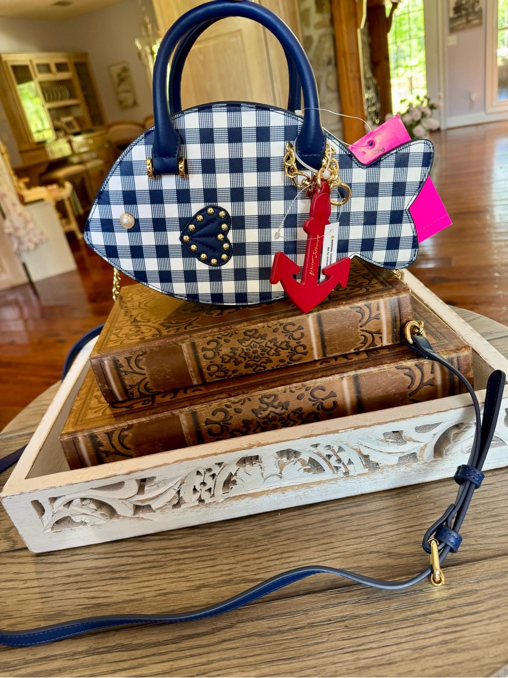Betsy Johnson Navy Check Heart Accent Fish-Shaped Crossbody Bag
